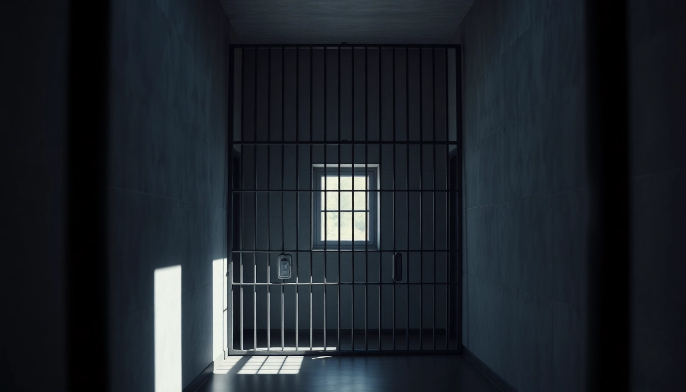 OC Jail cell interior showcasing metal bars and concrete walls, highlighting the themes of confinement and justice.