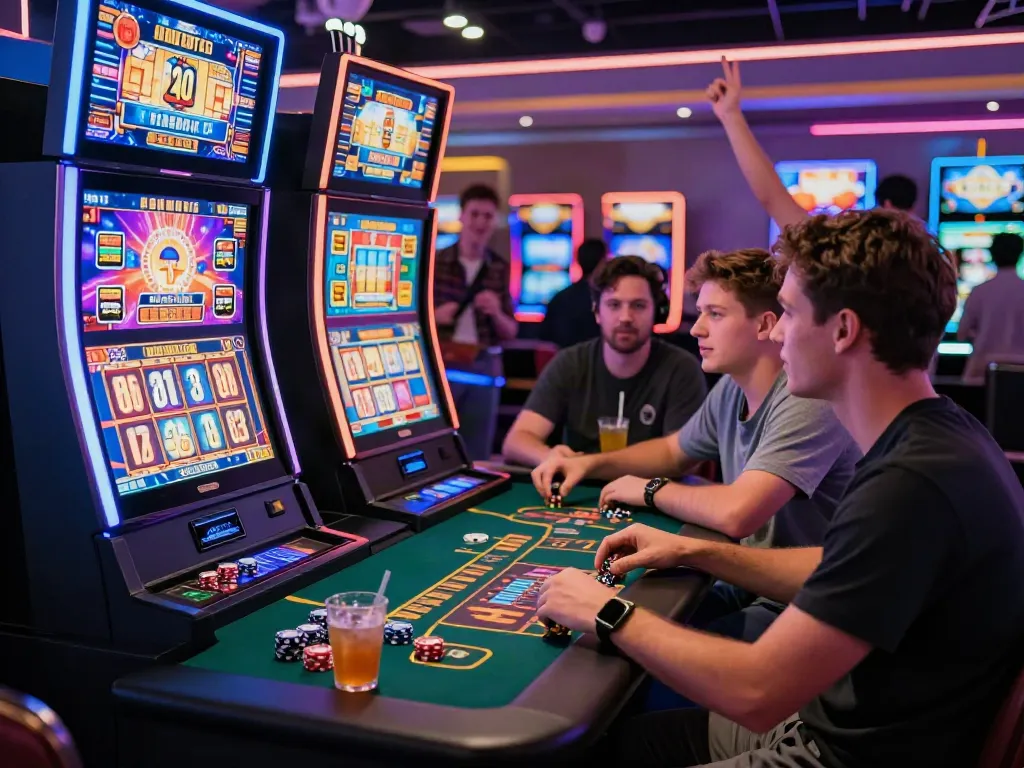 Pengalaman bermain slot777 yang mendebarkan dengan mesin slot warna-warni dan pemain antusias di kasino.