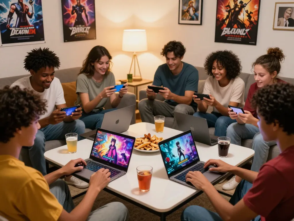 Engaging group playing porno games together on devices in a vibrant living room.