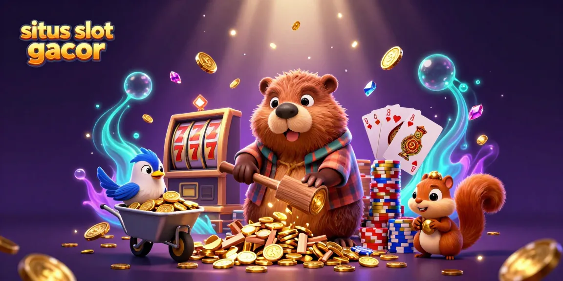 Experience the excitement of situs slot gacor with a whimsical scene of characters celebrating wins and collecting coins.