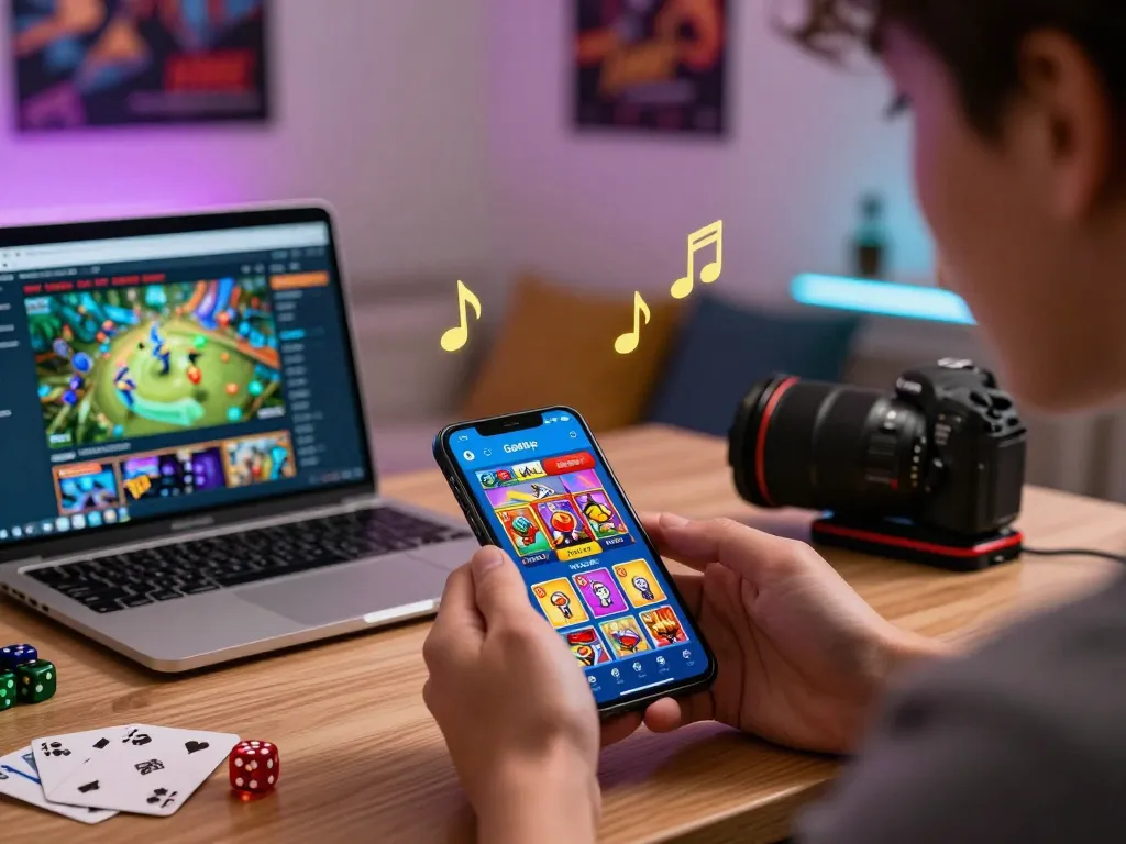 Engaging user downloading tải go88 app with vibrant gaming options in cozy environment.