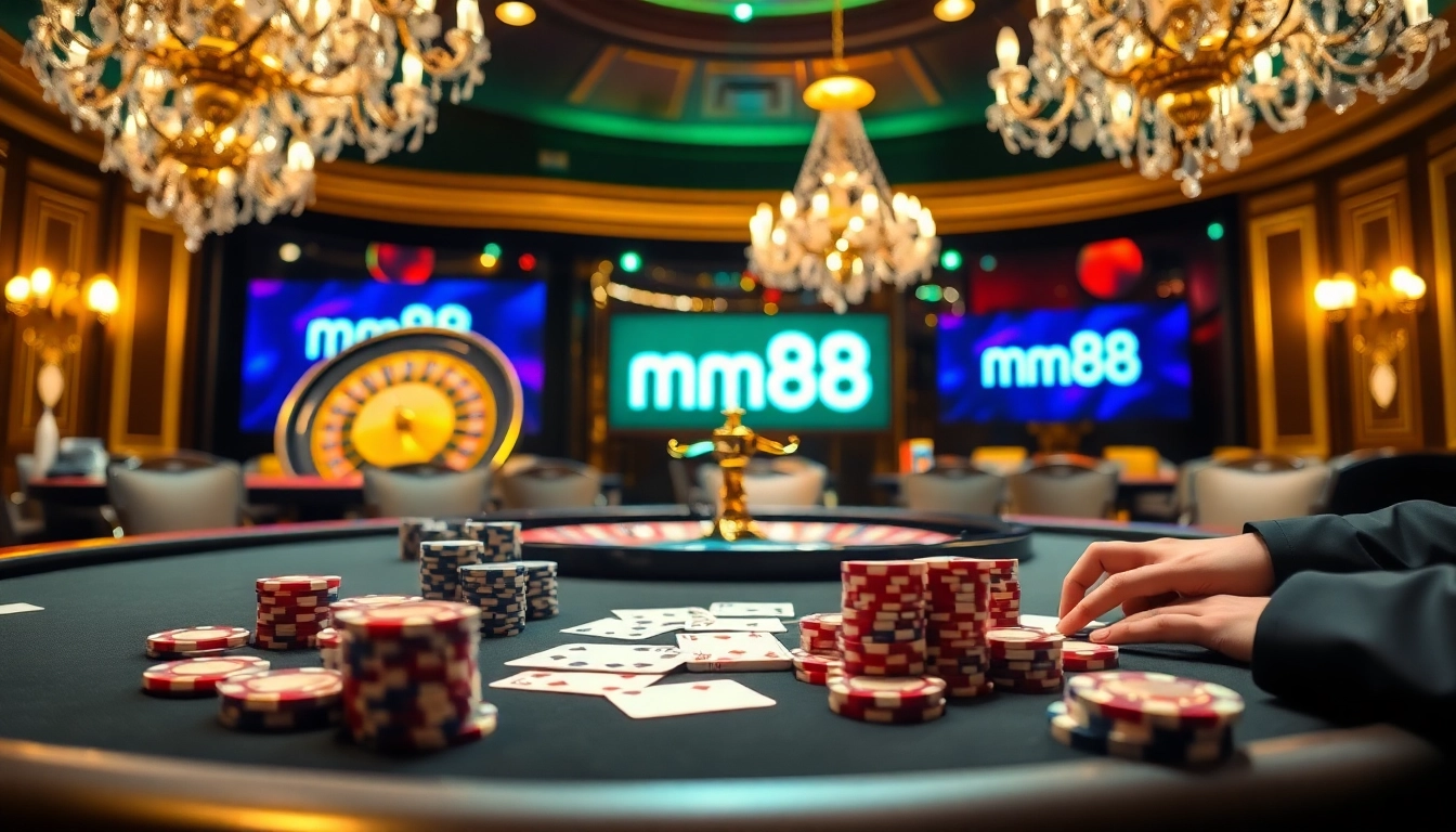 Players competing at a luxurious mm88 poker table with vibrant colors and professional ambiance.