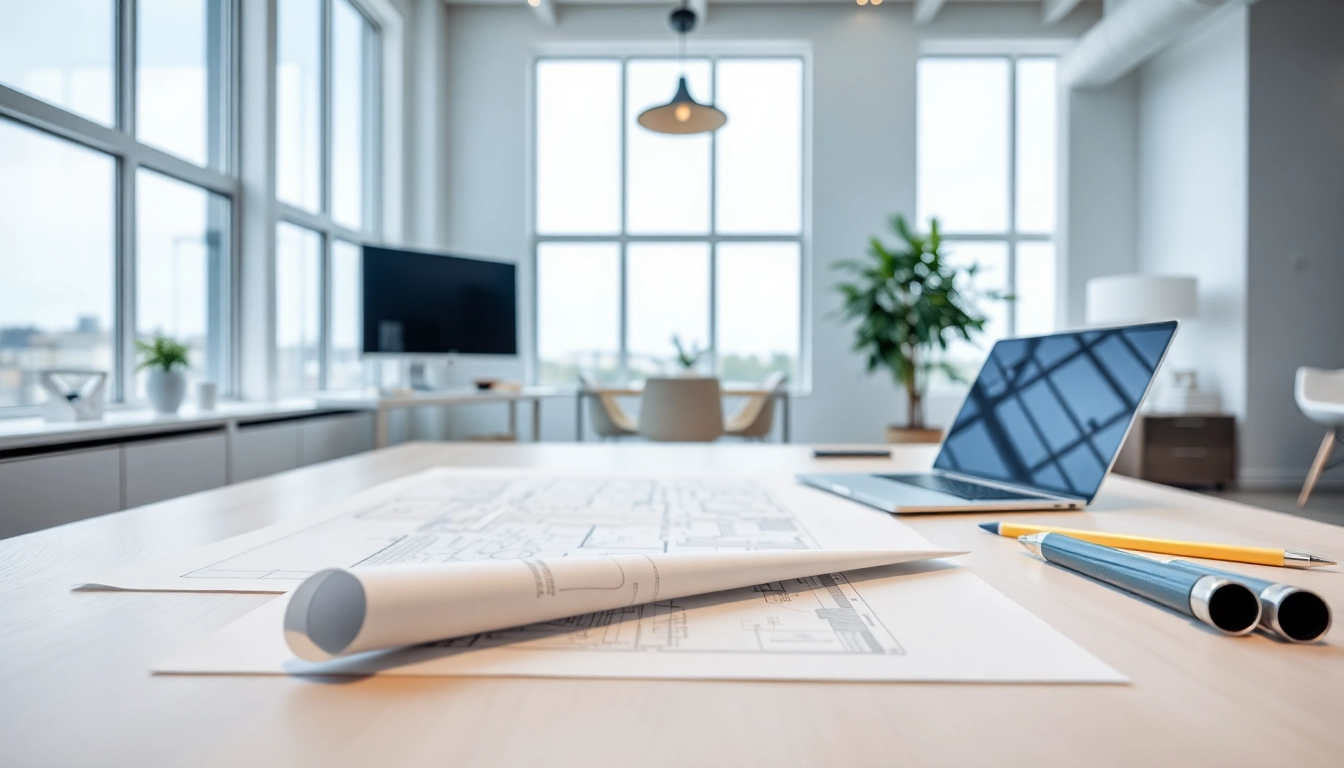 Showcasing custom residential architecture services with detailed blueprints and tools in a bright workspace.