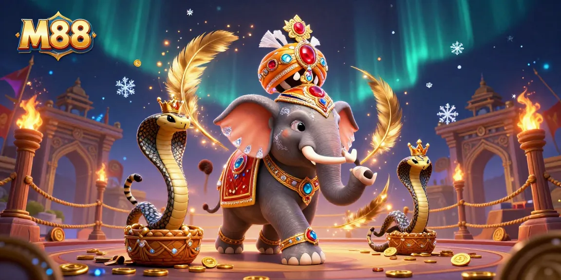 M88 players experience thrilling bets with a dazzling cartoon illustration of a jewelled elephant, exotic tiger, and cobra.
