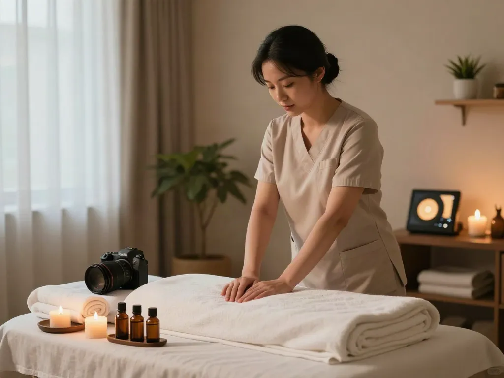 Do bong-gu 출장마사지 therapy scene highlighting a serene massage therapist preparing a calming environment.