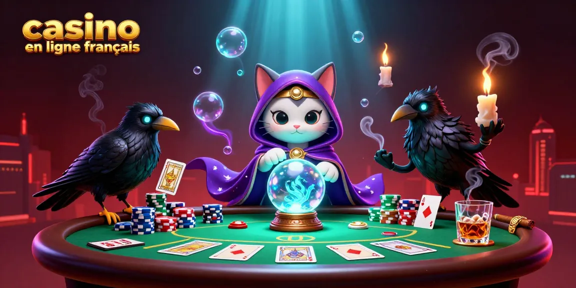 Illustration de casino en ligne français avec un chat magique, un corbeau et des flammes dans une scène dynamique.