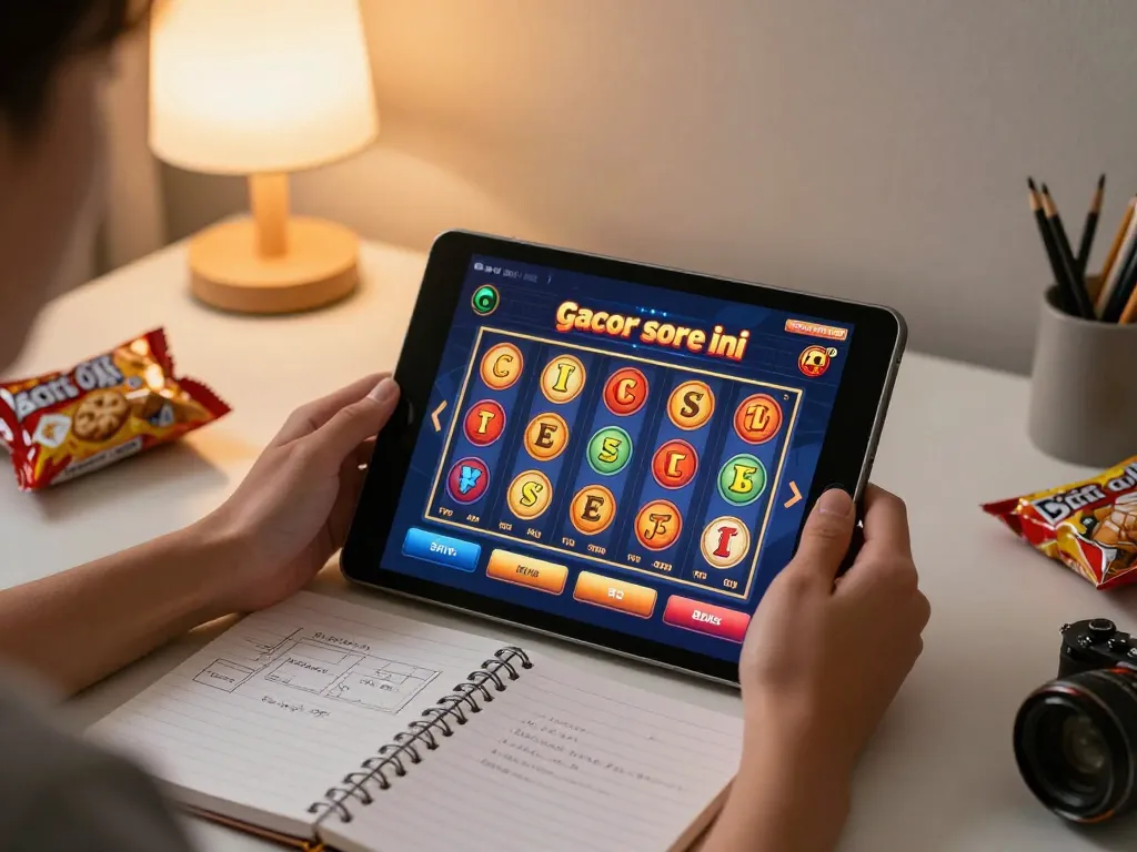 Engaging in slot gacor sore ini gameplay on a tablet at home, showcasing strategic gaming atmosphere.