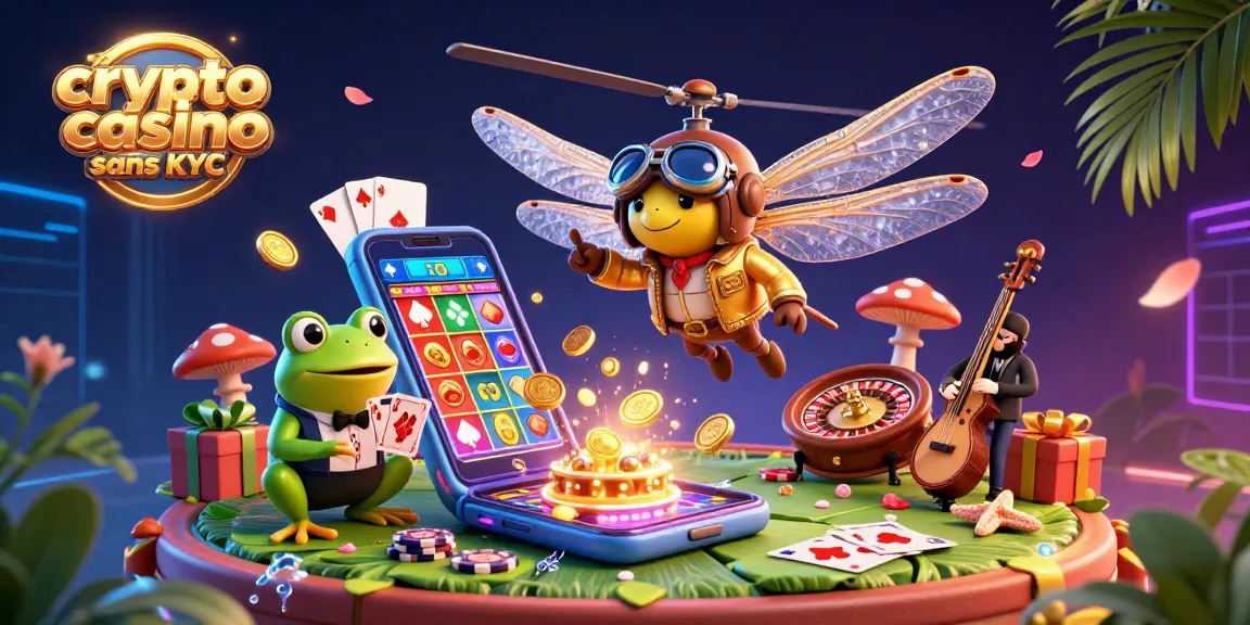 Illustration captivante d'un casino sans KYC avec un dragon volant et un croupier grenouille à l'œuvre.