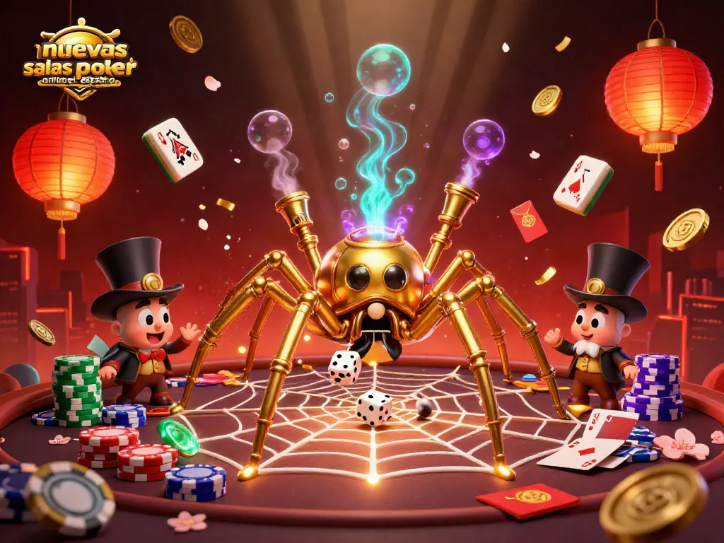Descubre nuevas salas de poker online en España con gigantescas arañas doradas y elementos de juego fascinantes.