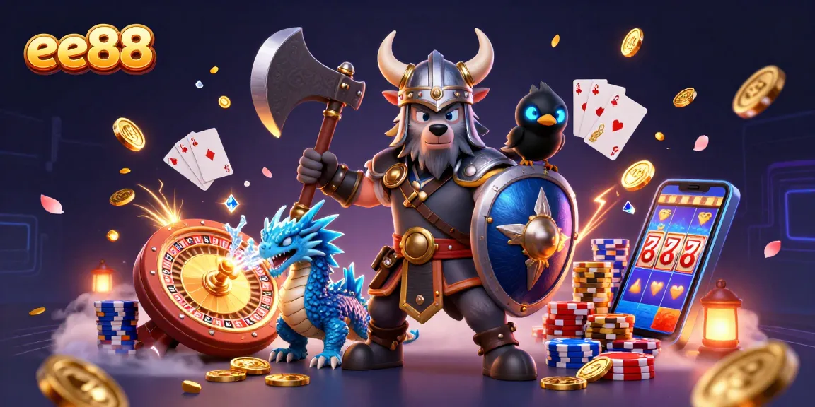 Engage with the dynamic world of ee88, featuring a Viking wolf warrior, dragon, and casino elements.