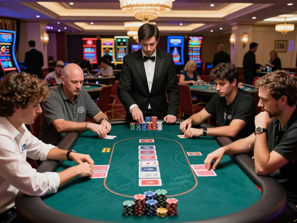 Engaging poker game at a casino with hidden wiki strategies, players compete intensely with chips and cards visible
