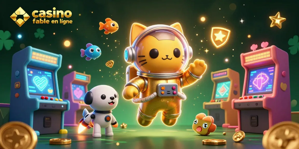 Jouez au casino fiable en ligne avec un chat astronaute et un chien robot entourés de machines à arcade.