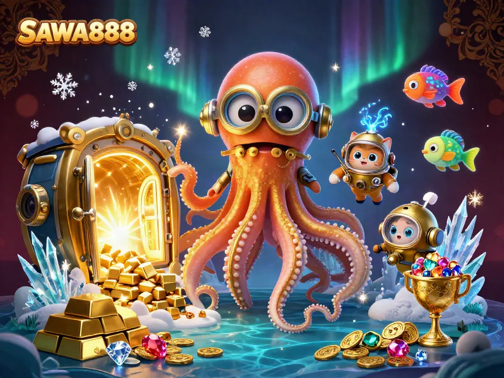 SAWA888 features a colossal kraken and a diving cat in a treasure-filled scene, enhancing casino excitement.