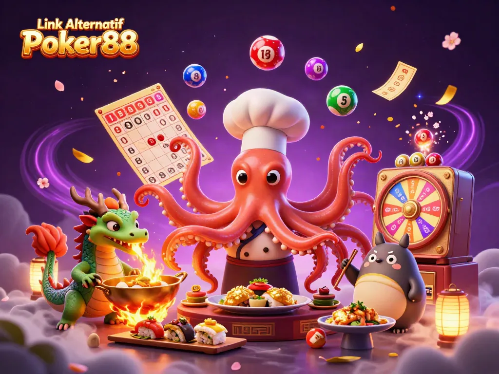 Engage with Link Alternatif Poker88 in a vibrant 3D gambling scene featuring colorful elements and dynamic characters.