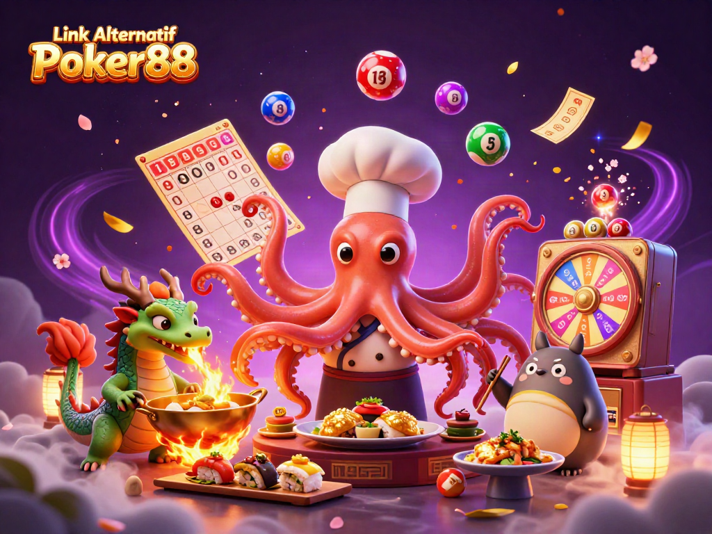 Engage with Link Alternatif Poker88 in a vibrant 3D gambling scene featuring colorful elements and dynamic characters.