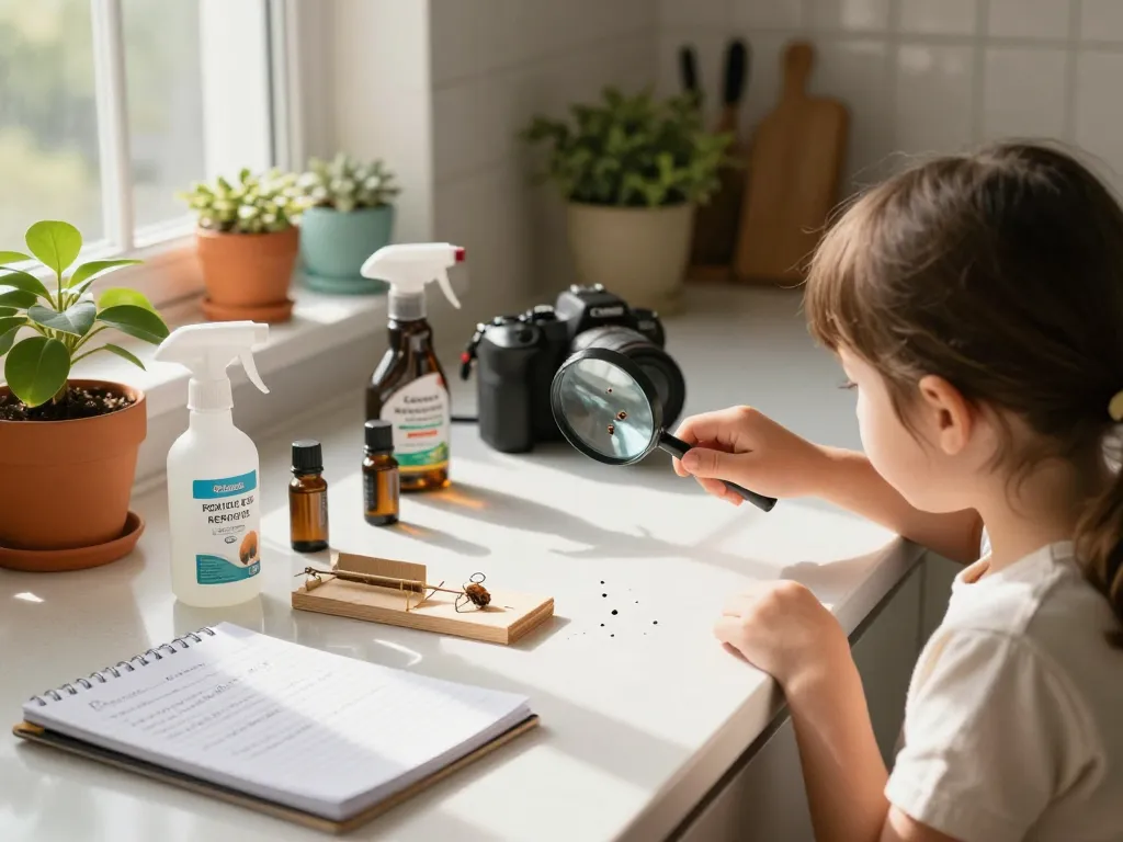 Pest control tips in a cozy kitchen with a family inspecting for pests and prevention products.