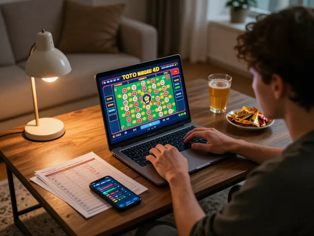 Pemain Toto Macau terlibat dalam permainan lotere online di rumah, menunjukkan kegembiraan dan strategi.