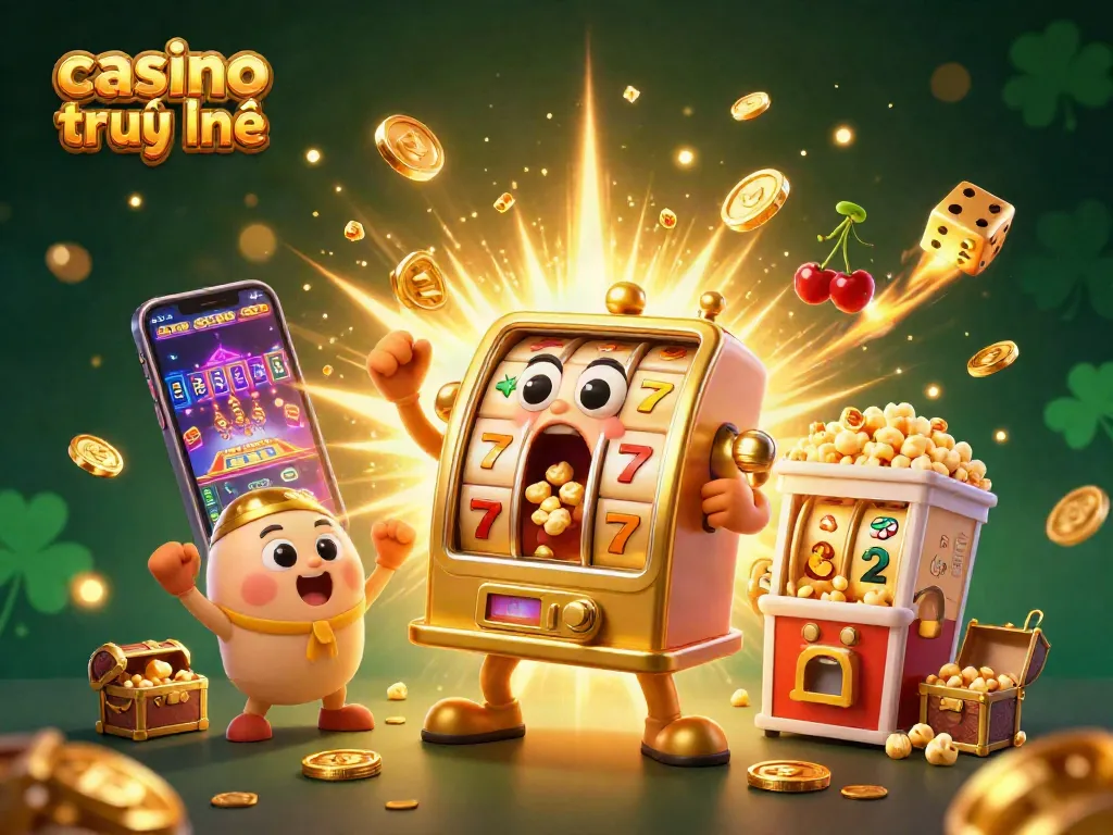 Hình ảnh trò chơi casino trực tuyến với máy đánh bạc vàng đang thắng thưởng lớn