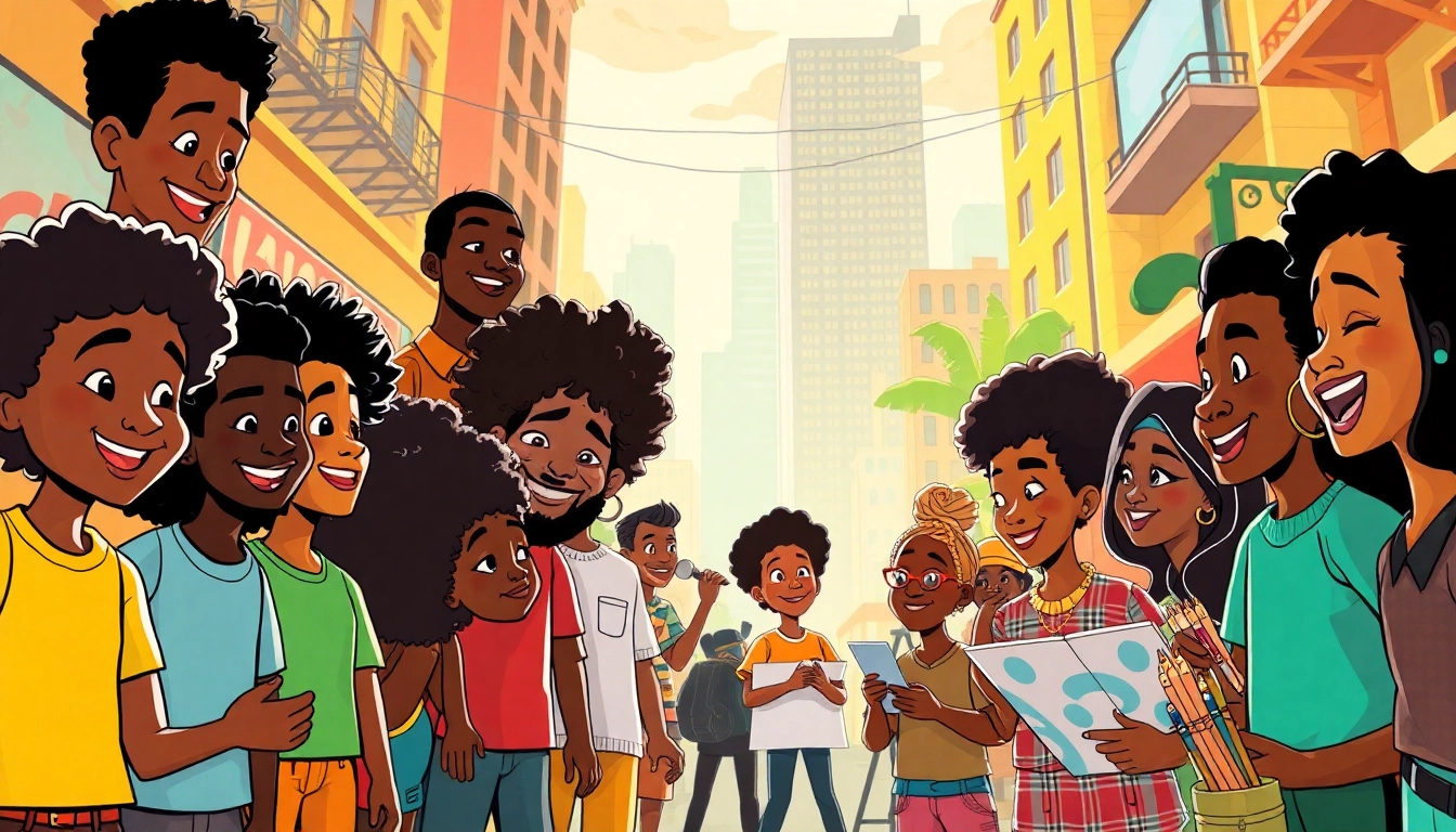 A joyful scene featuring African American Cartoons with diverse characters in a vibrant urban setting.