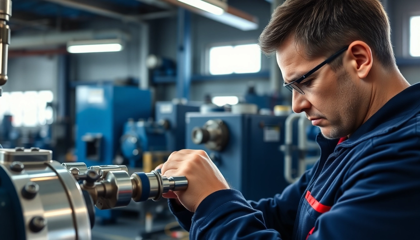 Technician performing on-site hydraulic repair with precision in an industrial setting.