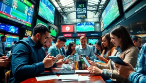 Engaging view of users exploring the best online sportsbooks India through mobile apps amidst a lively sports setting.