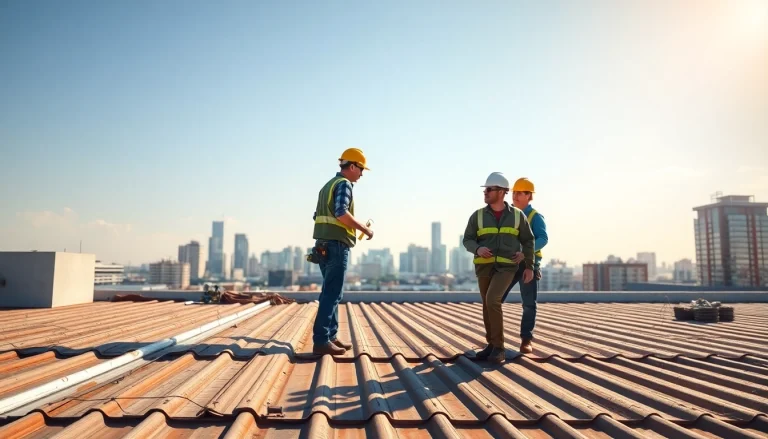 Showcasing workers providing commercial roofing services on a sunny day at a busy city rooftop.