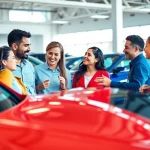 Engaging scene of people as they Buy a car in a bright dealership with various models.