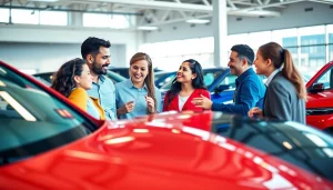 Engaging scene of people as they Buy a car in a bright dealership with various models.
