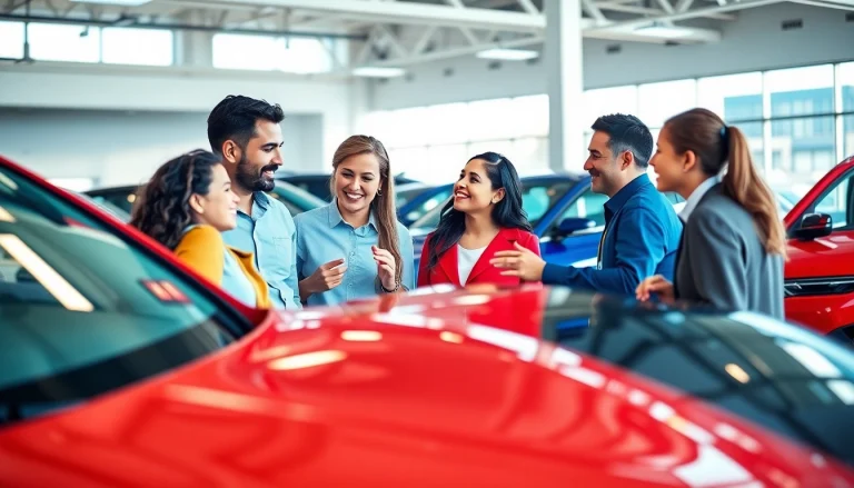 Engaging scene of people as they Buy a car in a bright dealership with various models.