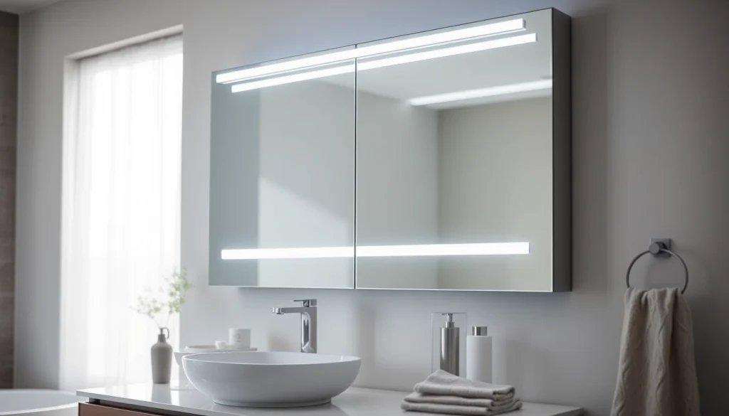 Entdecken Sie den eleganten sonni Spiegelschrank mit moderner Beleuchtung im Badezimmer.