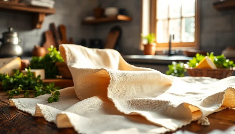 Gebruik van een kaasdoek voor het strijken van verse kaas in een rustieke keuken.