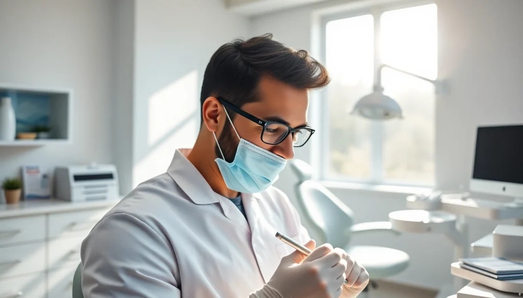Dentist providing patient care in a welcoming clinic environment with modern dental tools.