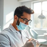 Dentist providing patient care in a welcoming clinic environment with modern dental tools.