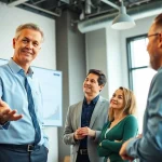 Real Estate agent presenting listings in an inviting office to engaged clients