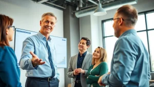Real Estate agent presenting listings in an inviting office to engaged clients