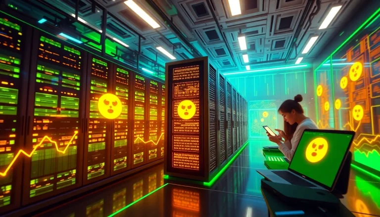 Engaging visual representation of dogecoin cloud mining with advanced servers and rising profit graphs.