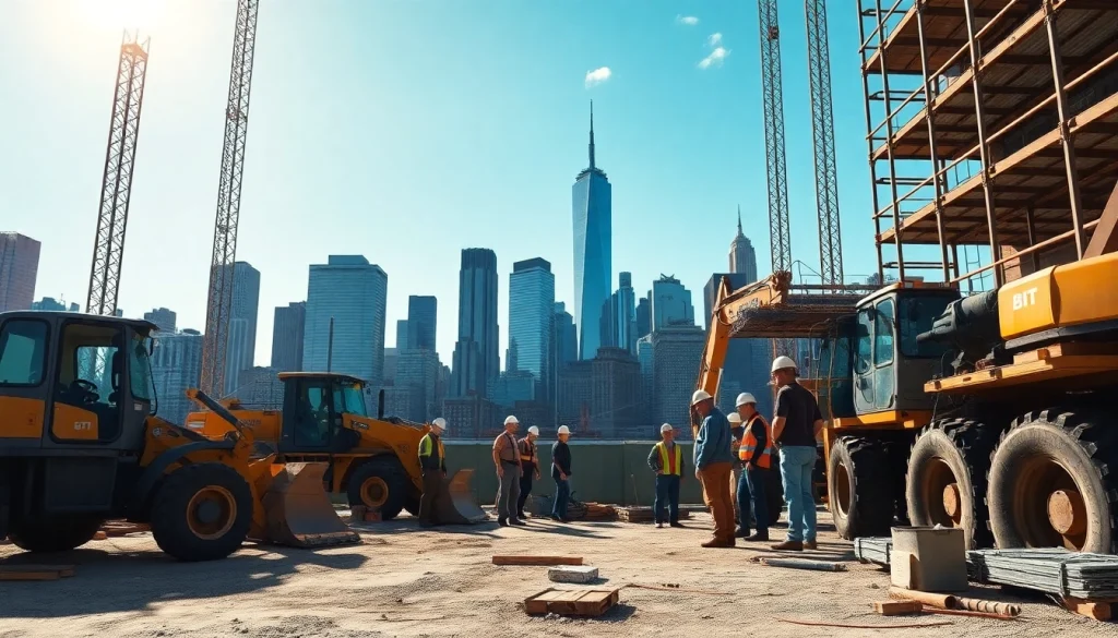 New York City General Contractor team collaborating on an active construction project in a dynamic urban setting.