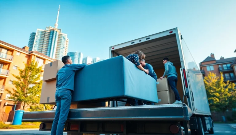 Team providing Toronto moving services, loading items into a moving truck in an urban setting.