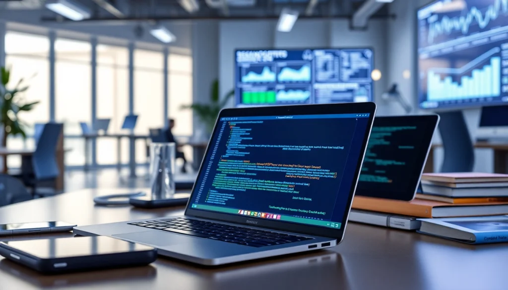 Showcase of Technology innovations in a professional workspace with sleek gadgets and digital displays.