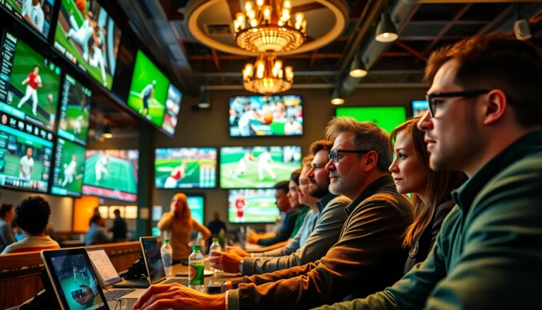 Engaging scene of sportsbooks in Alabama with diverse individuals placing bets in a lively atmosphere.