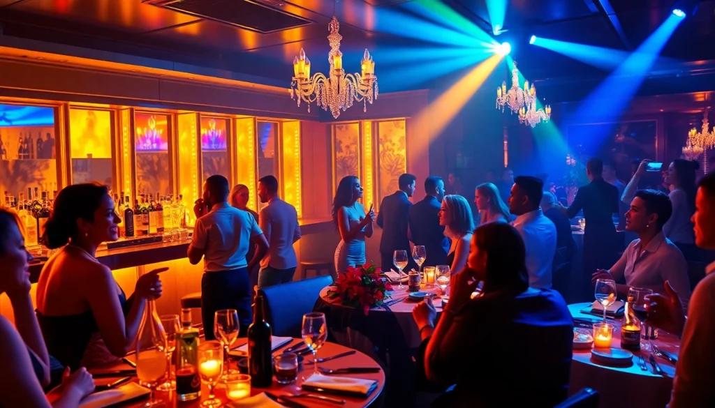 Dinner sxm experience at Club Noir, featuring dancers, cocktails, and a vibrant nightclub ambiance.