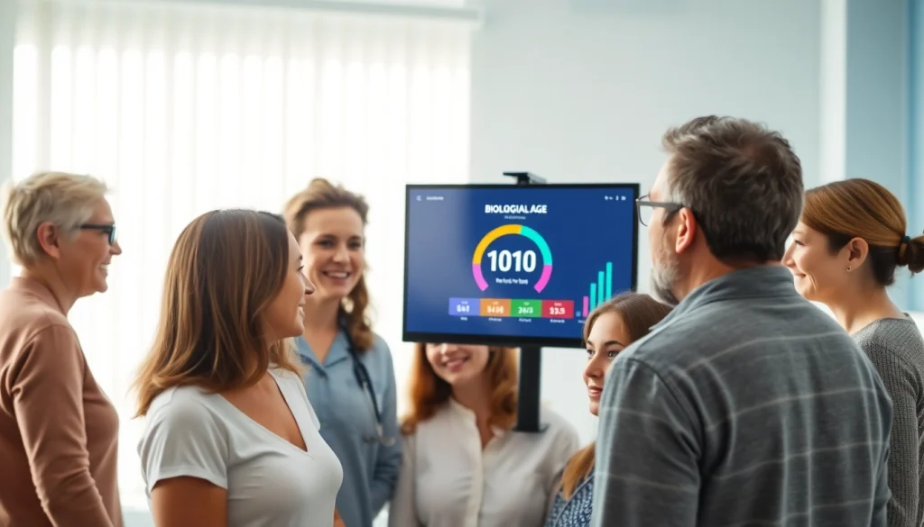 Engaging biological age calculator results displayed on a digital screen in a healthcare setting.