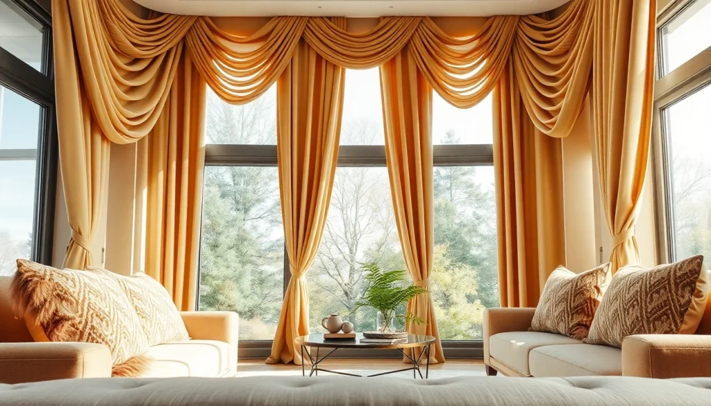 Gordijnstof die elegant over een raam hangt in een stijlvolle woonkamer.
