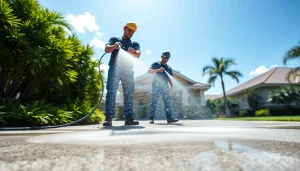 Concrete cleaning service in Kissimmee, Florida, showcasing a professional team pressure washing a driveway.