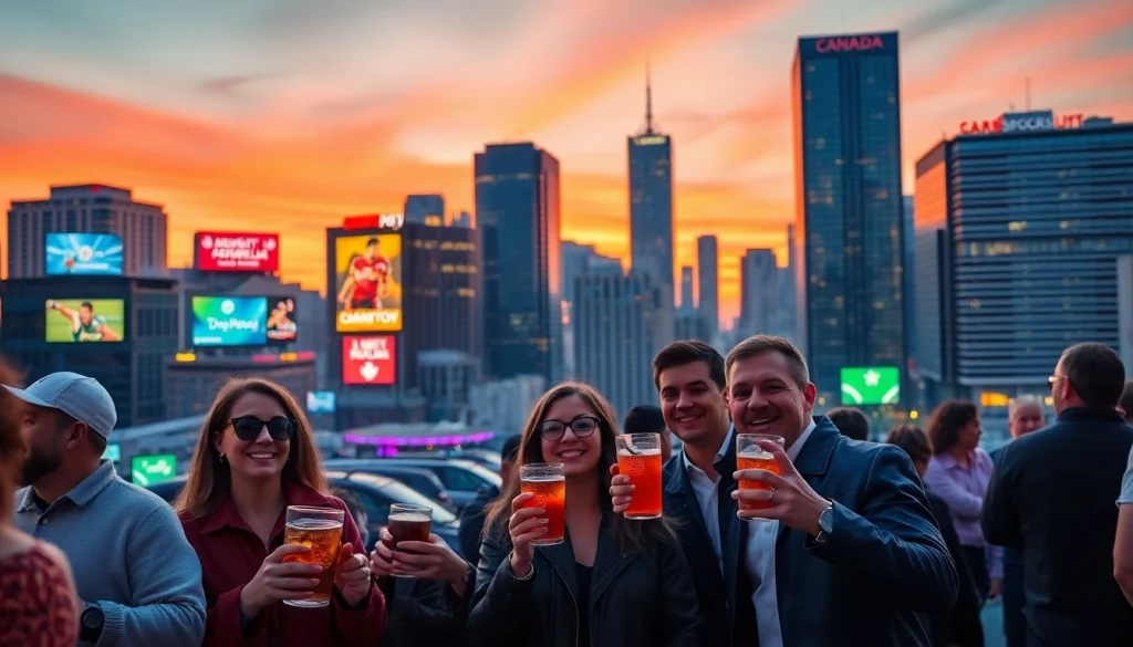 Engaging scene highlighting sportsbooks in Canada with enthusiastic fans enjoying a vibrant sports atmosphere.