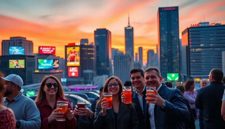 Engaging scene highlighting sportsbooks in Canada with enthusiastic fans enjoying a vibrant sports atmosphere.