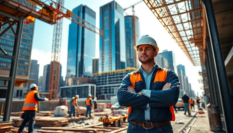 Expert New York General Contractor managing a lively construction site with urban skyline
