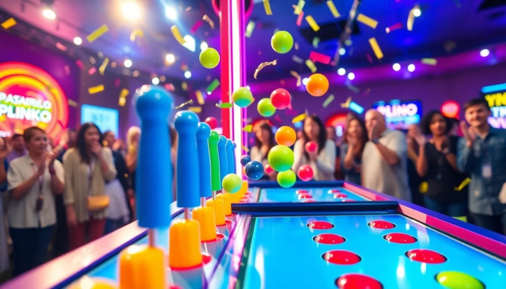 Menampilkan plinko demo yang seru dengan bola jatuh penuh kegembiraan dan warna-warni meriah.