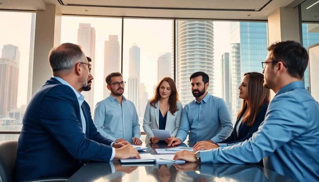 Business Consultants in Dubai collaborating in a modern office with a vibrant city view.