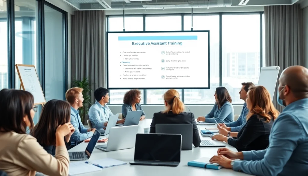 Engaged professionals participating in Executive assistant training showcasing collaboration in a bright office.